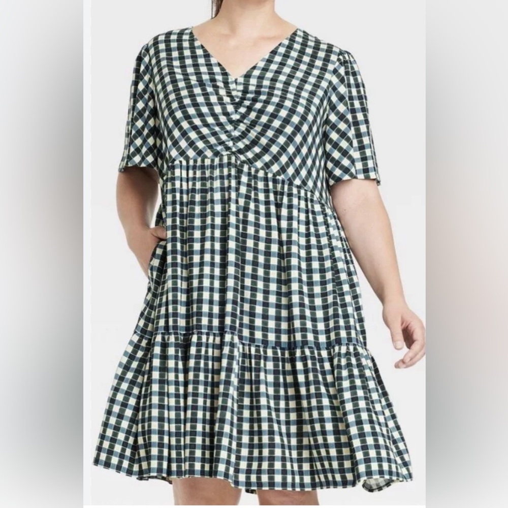 Ava & Viv- Blue and Black Plaid Short Sleeve Flutter Knee Length Sz X